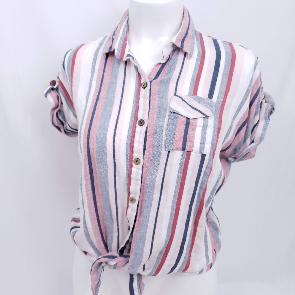 Love Notes striped button down tie front crop teeL